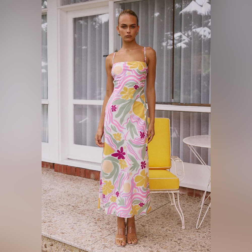 Floral Swirl Maxi Slip Dress - Pink & Yellow
